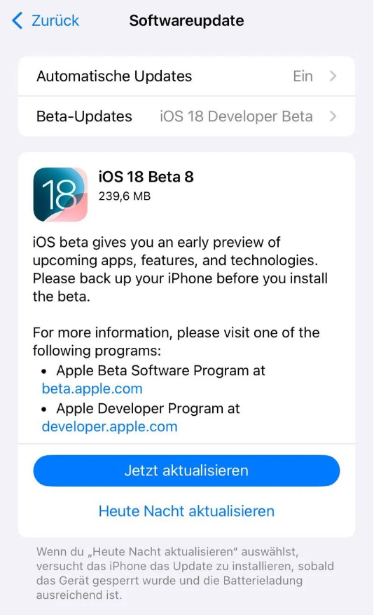 多文镇苹果手机维修分享苹果 iOS / iPadOS 18 开发者预览版 Beta 8 发布 